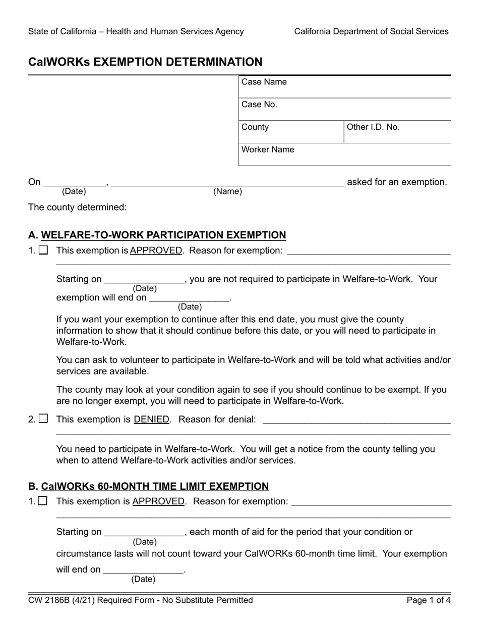 Form CW2186B Calworks Exemption Determination - California, Page 1
