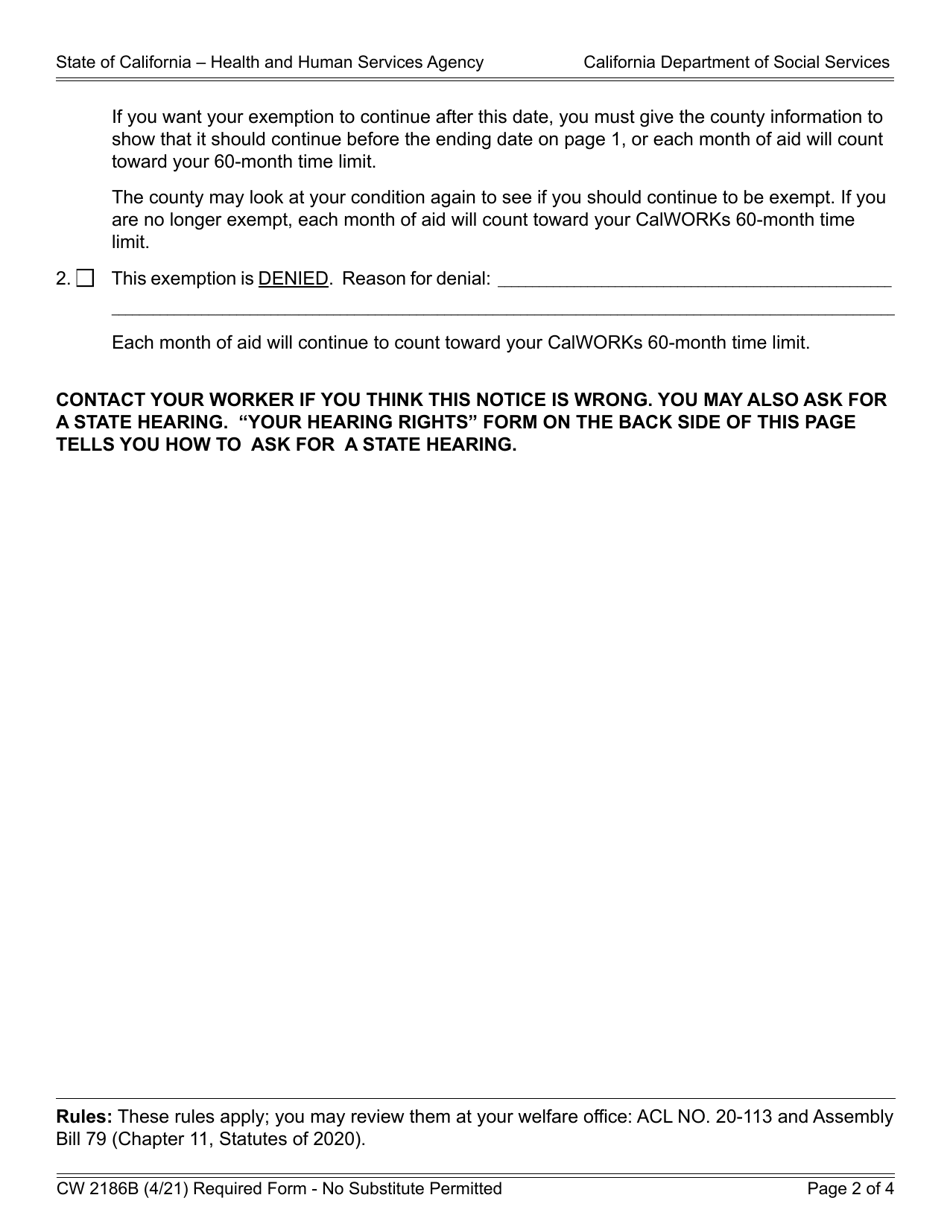 Form CW2186B Calworks Exemption Determination - California, Page 2