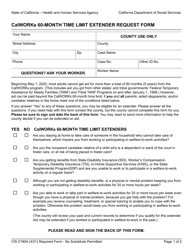 Document preview: Form CW2190A Calworks 60-month Time Limit Extender Request Form - California