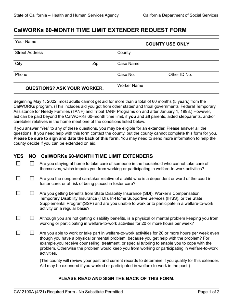 Form CW2190A Calworks 60-month Time Limit Extender Request Form - California, Page 1