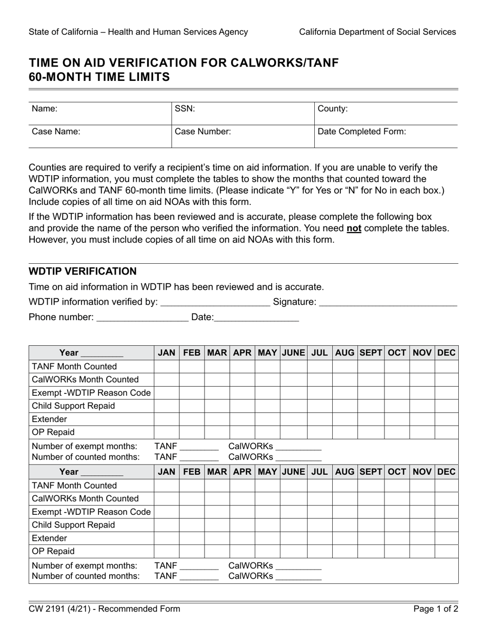 Form CW2191 Time on Aid Verification for Calworks / TANF 60-month Time Limits - California, Page 1