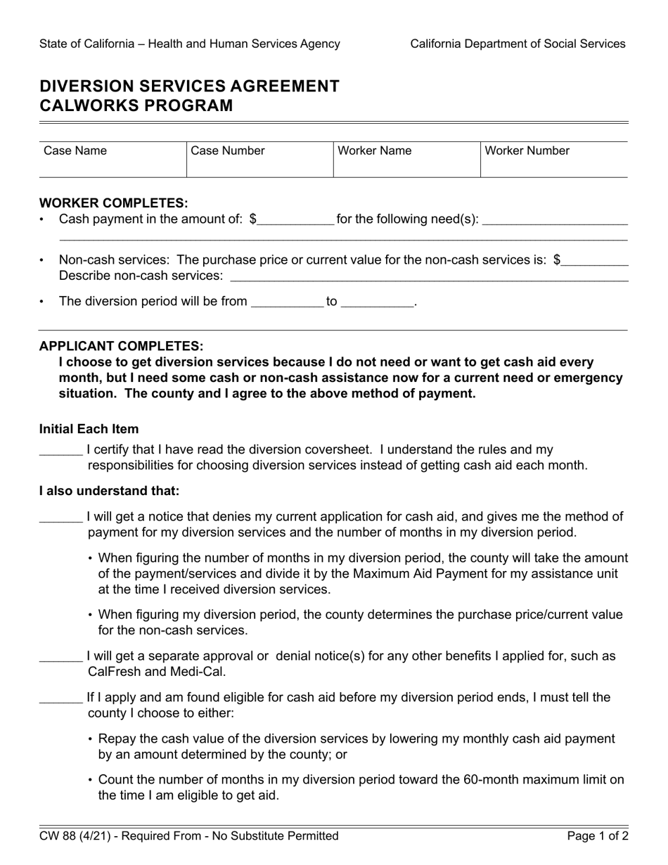 Form CW88 Download Fillable PDF or Fill Online Diversion Services