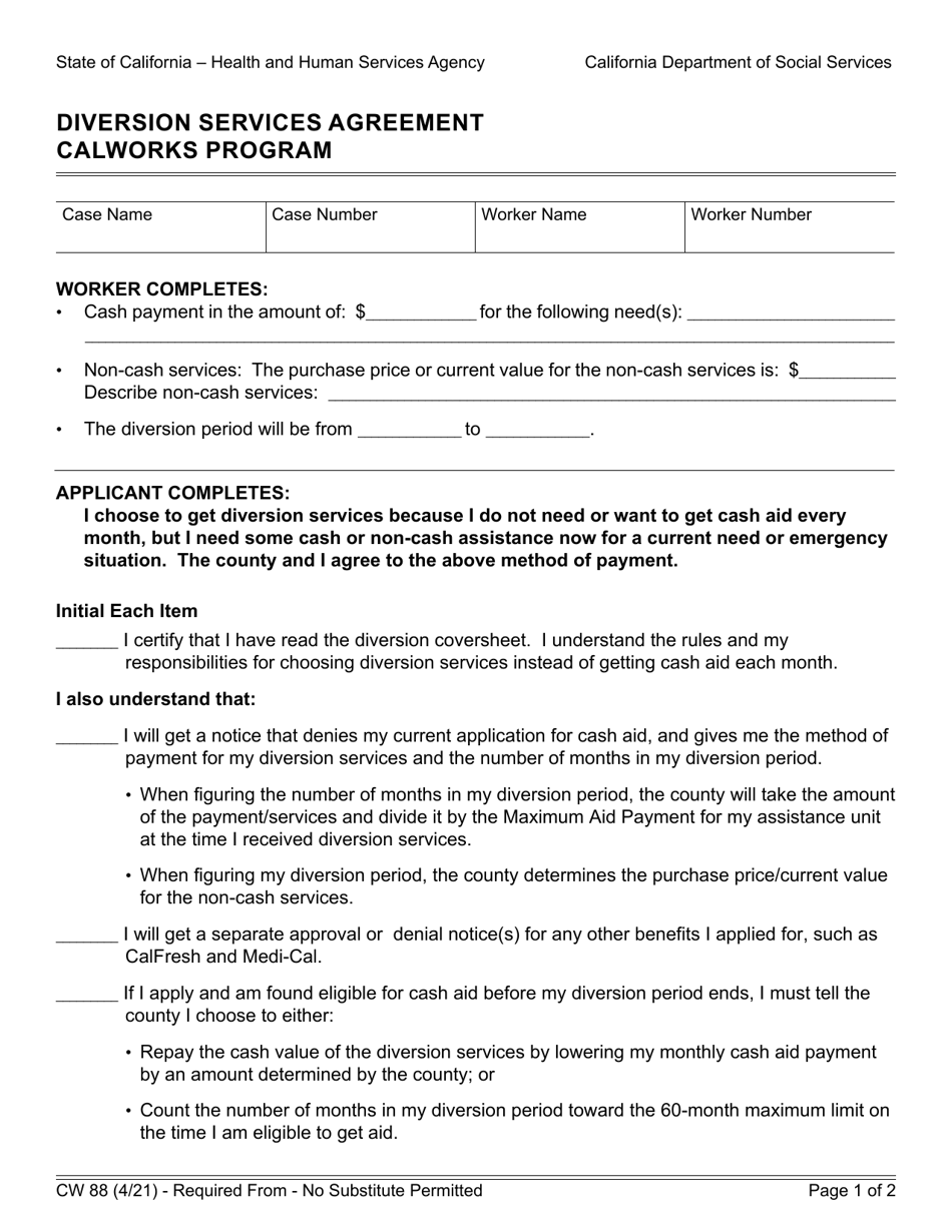 Form CW88 Diversion Services Agreement - Calworks Program - California, Page 1