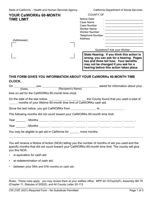 Form CW2187 Your Calworks 60-month Time Limit - California