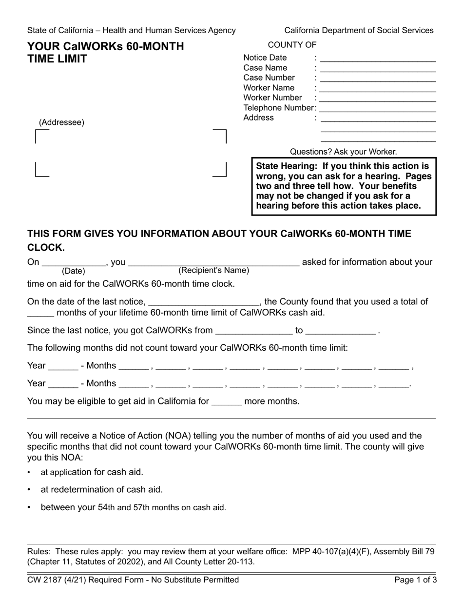 Form CW2187 Your Calworks 60-month Time Limit - California, Page 1