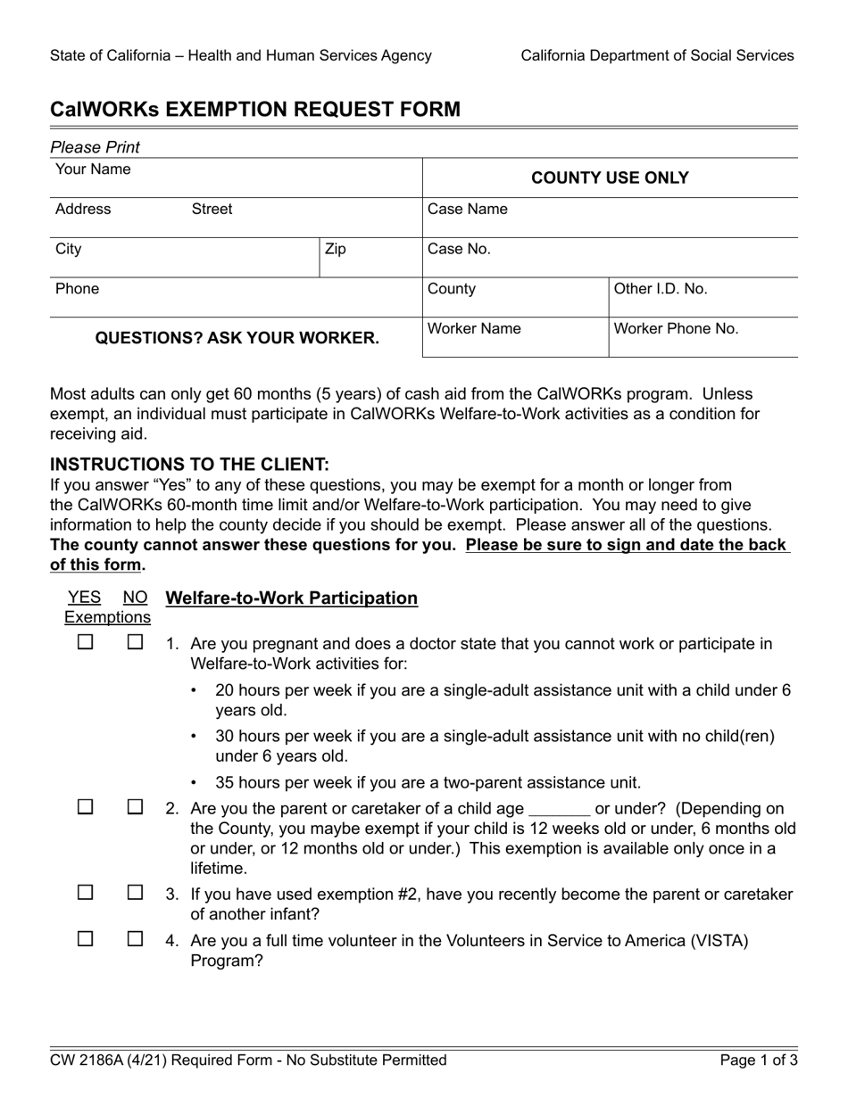 Form CW2186A Calworks Exemption Request Form - California, Page 1