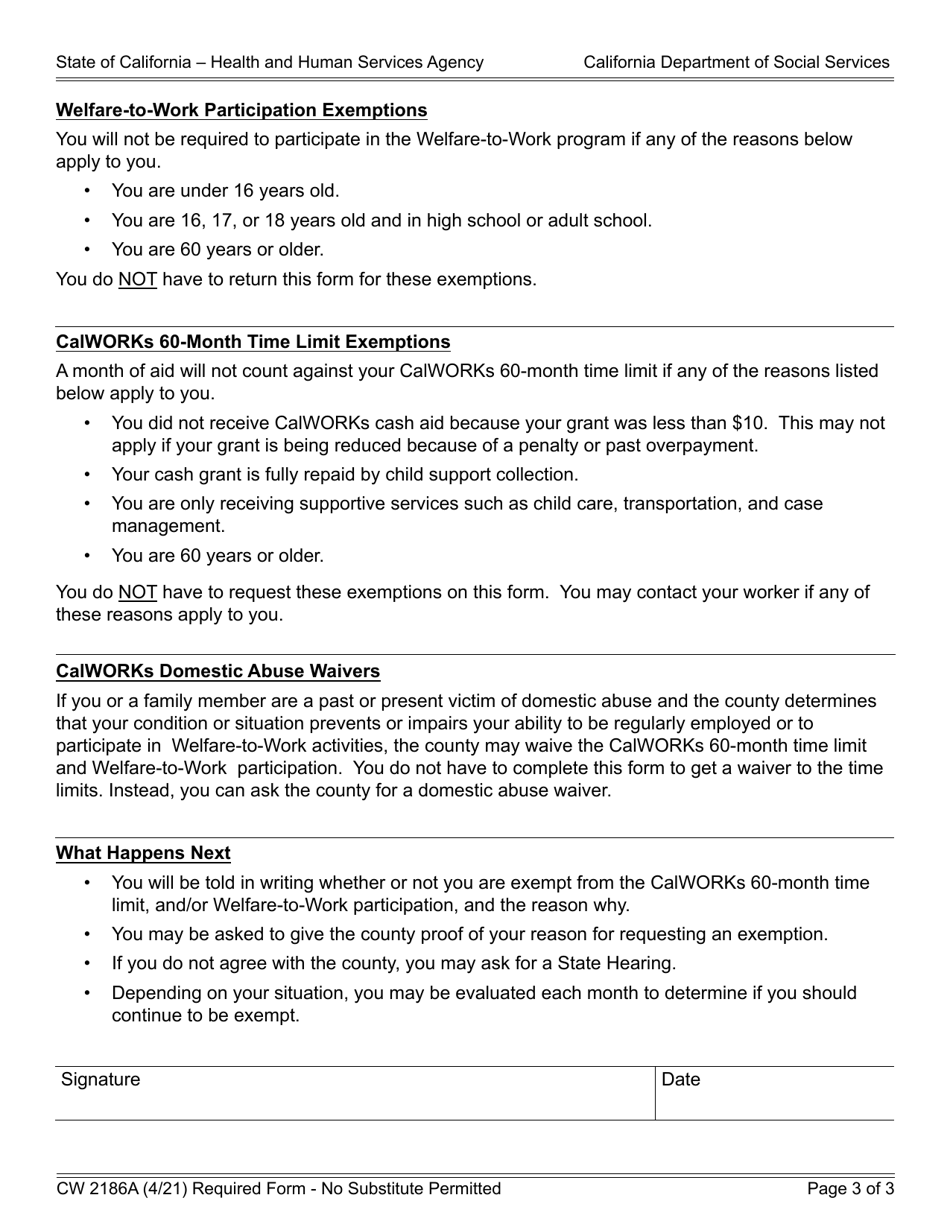 Form CW2186A Calworks Exemption Request Form - California, Page 3