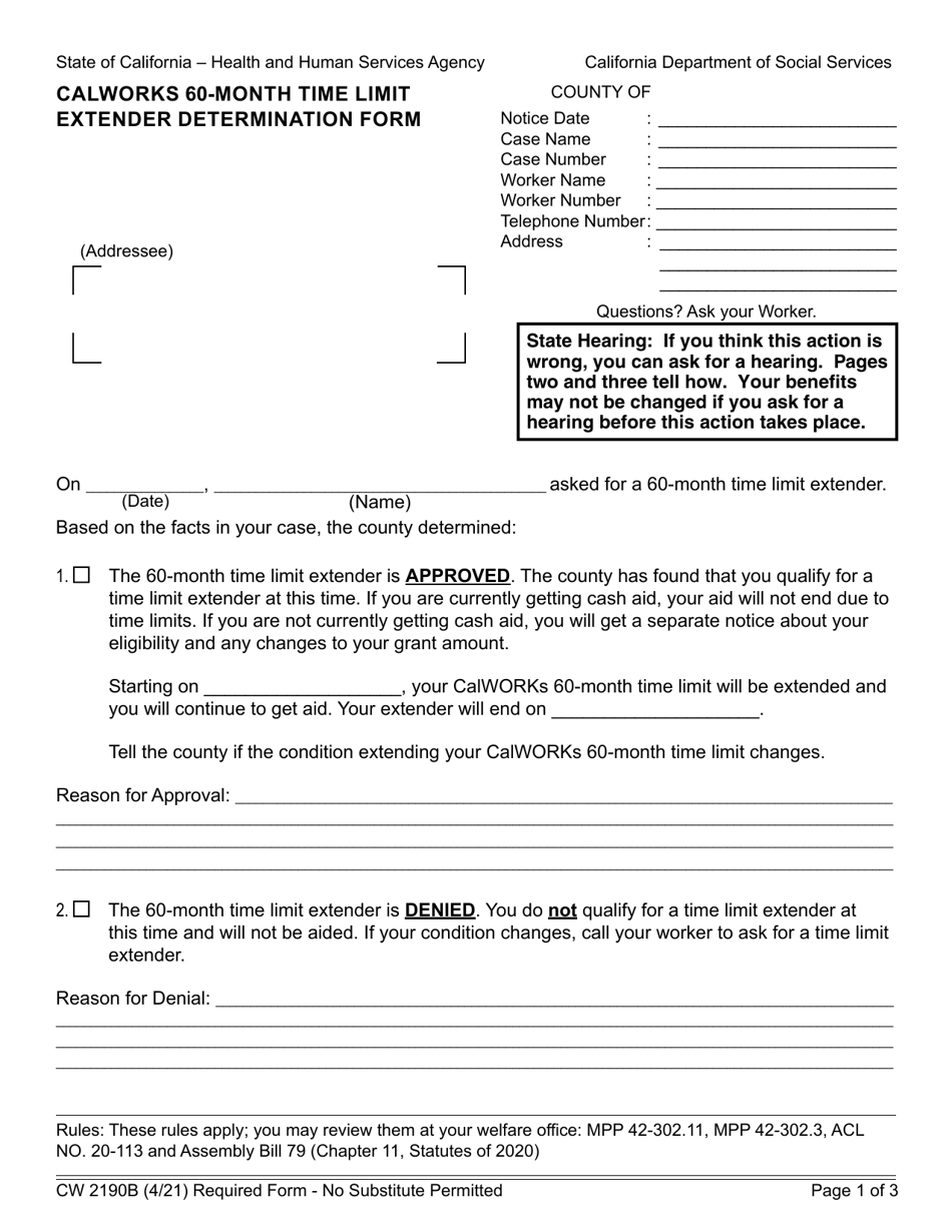 Form CW2190B Calworks 60-month Time Limit Extender Determination Form - California, Page 1