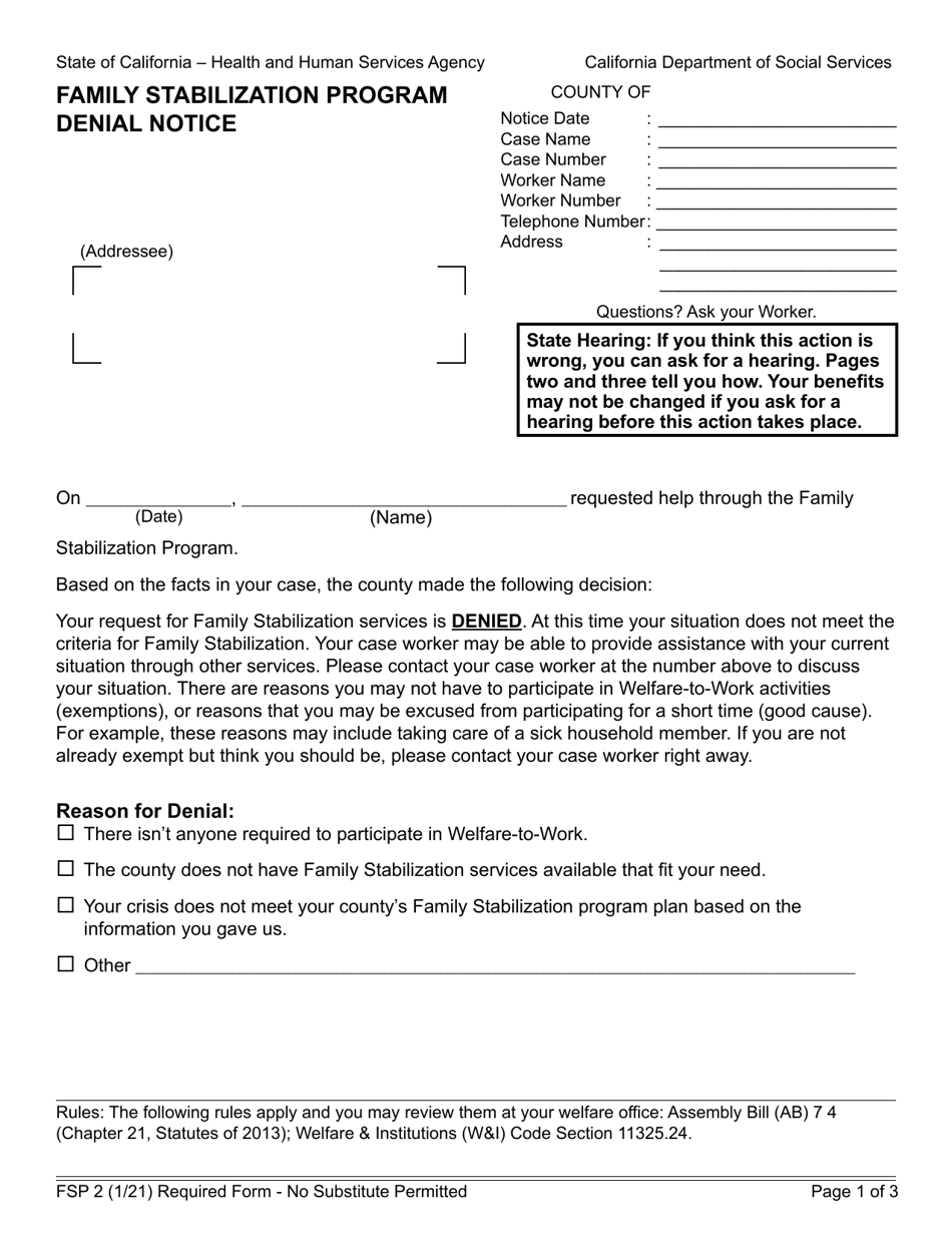 Form FSP2 Denial Notice - Family Stabilization Program - California, Page 1