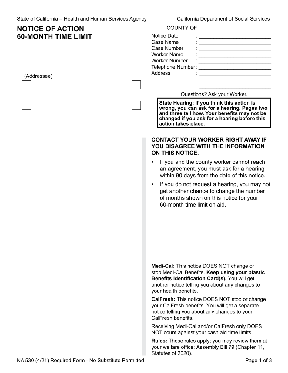 Form NA530 Notice of Action - 60-month Time Limit - California, Page 1