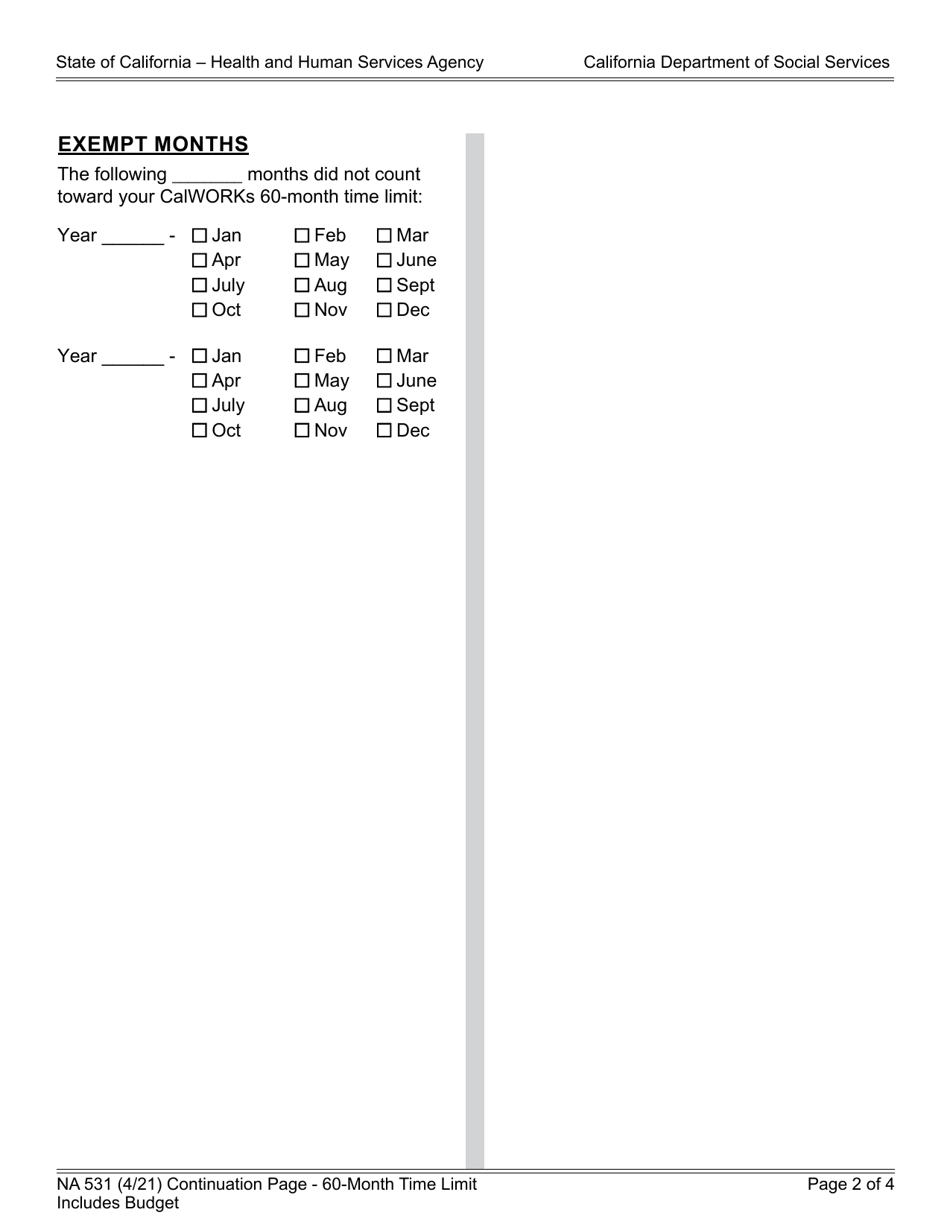 Form NA531 Notice of Action - Continuation Page - 60-month Time Limit - Includes Budget - California, Page 2