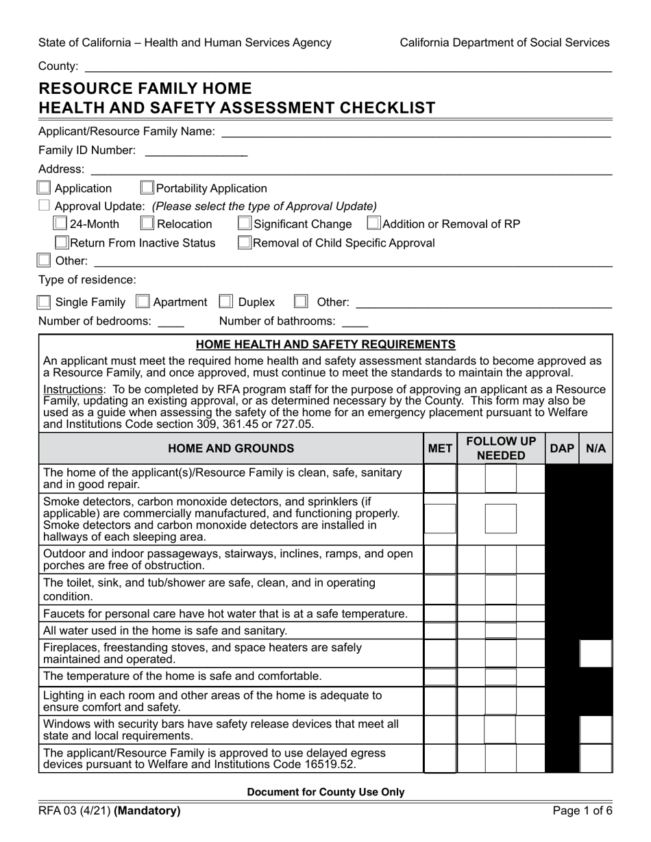 Form RFA03 Resource Family Home Health and Safety Assessment Checklist - California, Page 1