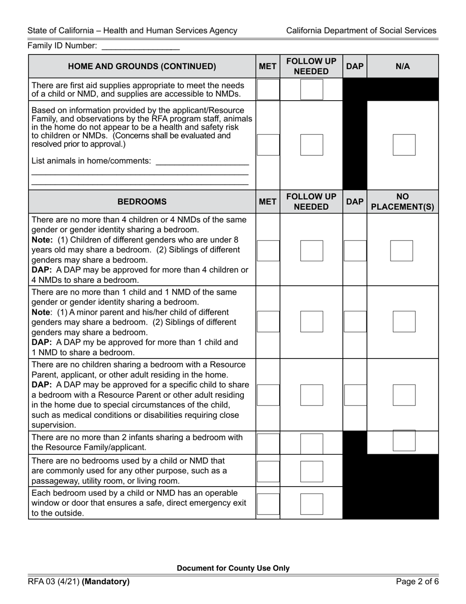 Form RFA03 Resource Family Home Health and Safety Assessment Checklist - California, Page 2
