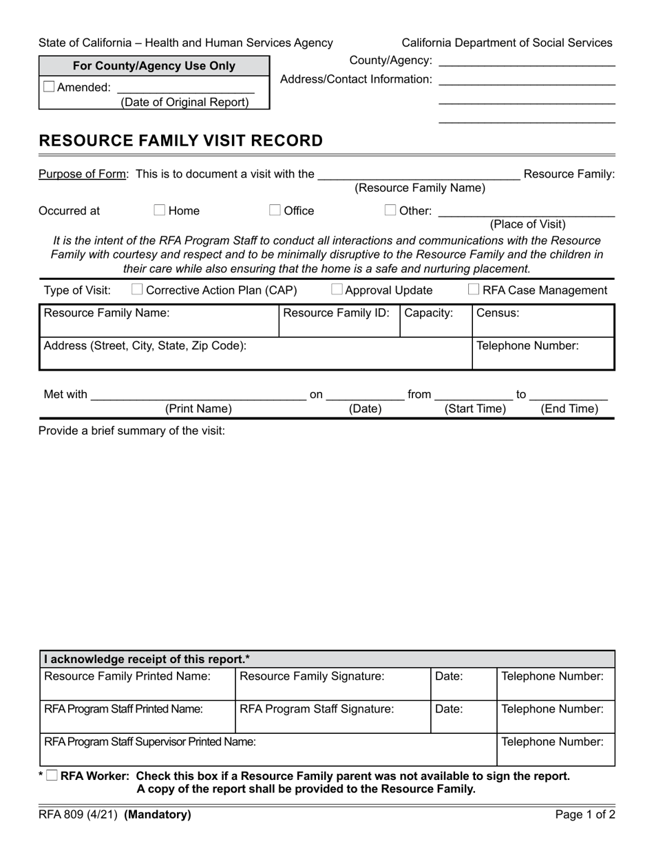 Form RFA809 Resource Family Visit Record - California, Page 1