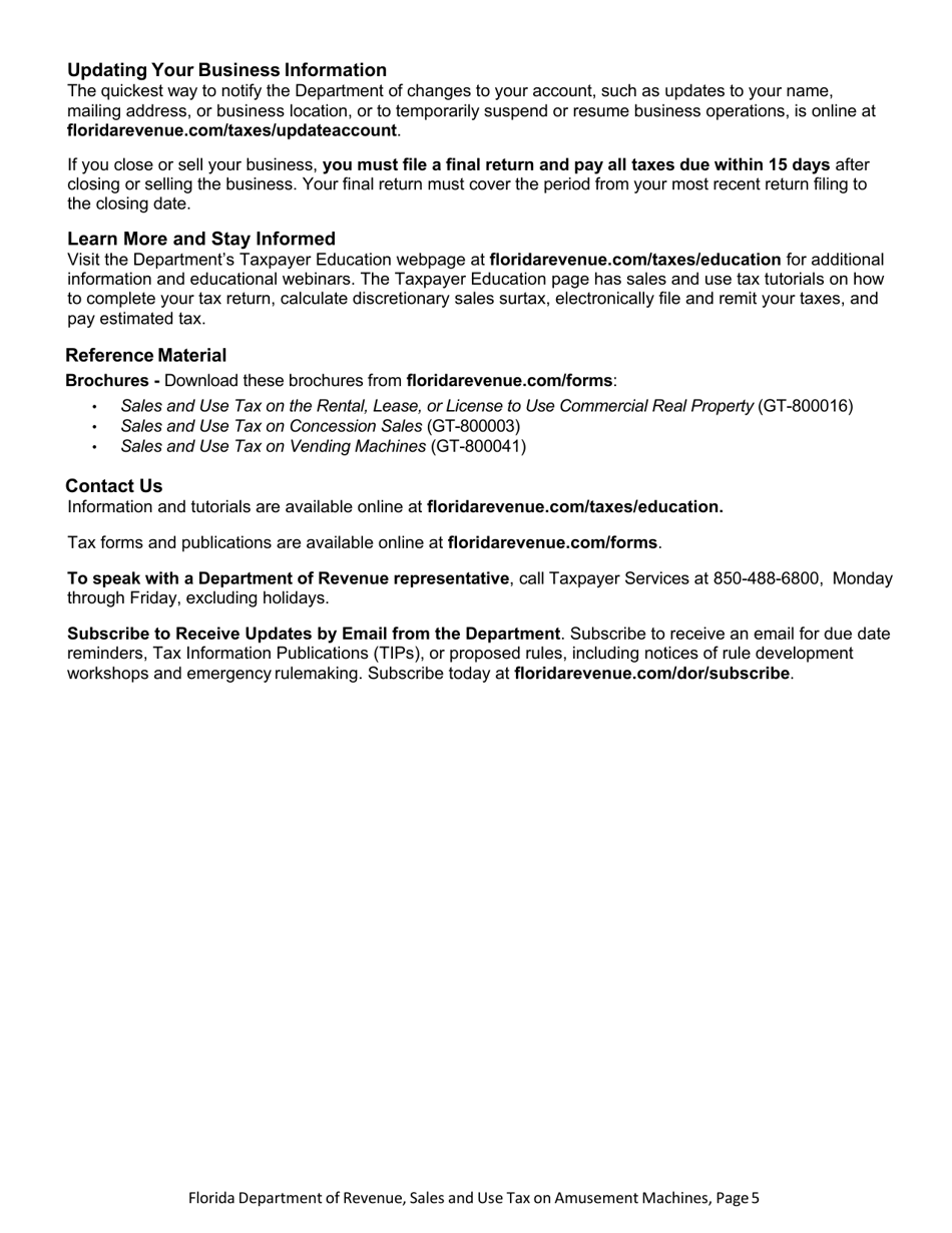 Form GT-800020 Sales and Use Tax on Amusement Machines - Florida, Page 5