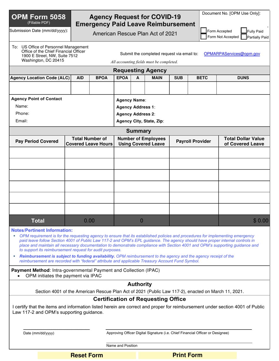 OPM Form 5058 Agency Request for Covid-19 Emergency Paid Leave Reimbursement, Page 1