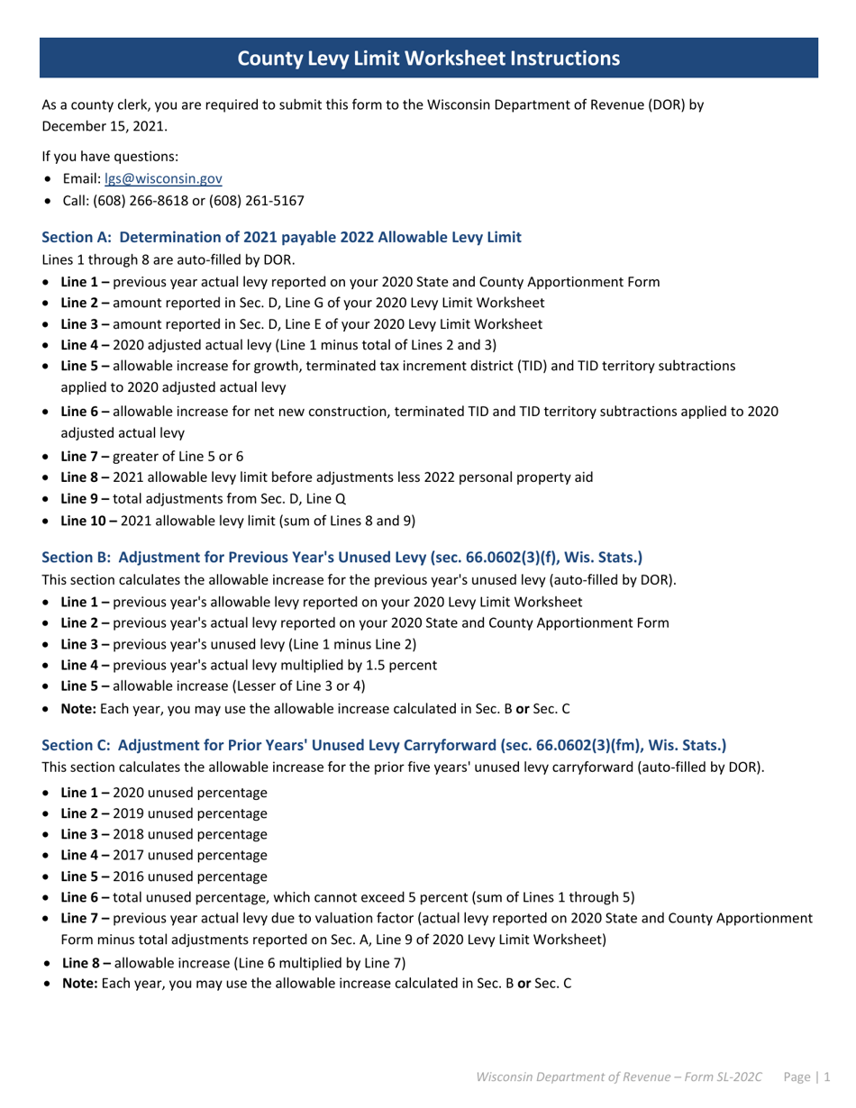 Instructions for Form SL-202C County Levy Limit Worksheet - Wisconsin, Page 1