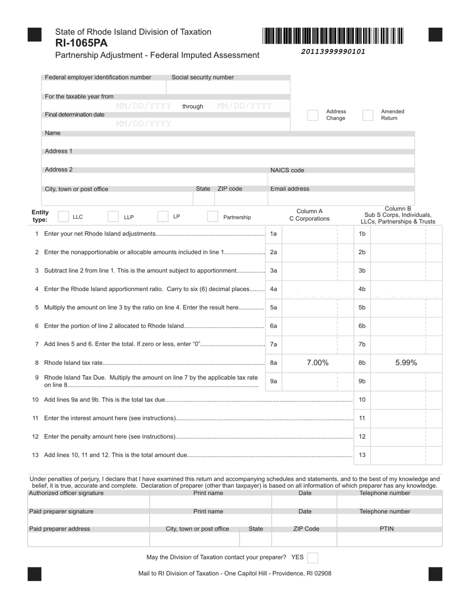 Form RI-1065PA Partnership Adjustment - Federal Imputed Assessment - Rhode Island, Page 1