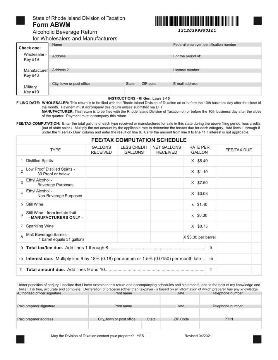 Form ABWM Alcoholic Beverage Return for Wholesalers and Manufacturers - Rhode Island, Page 1
