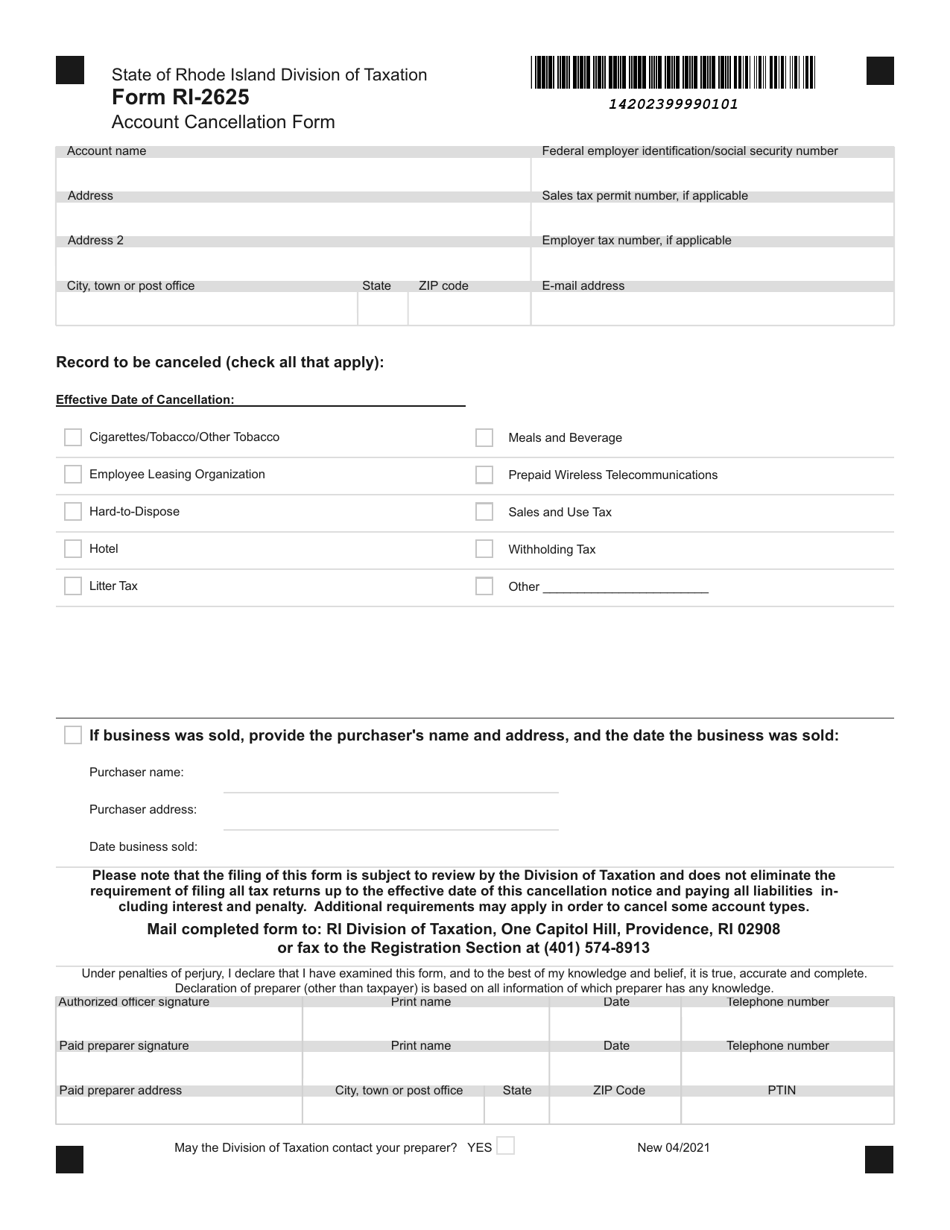 Form RI-2625 Account Cancellation Form - Rhode Island, Page 1
