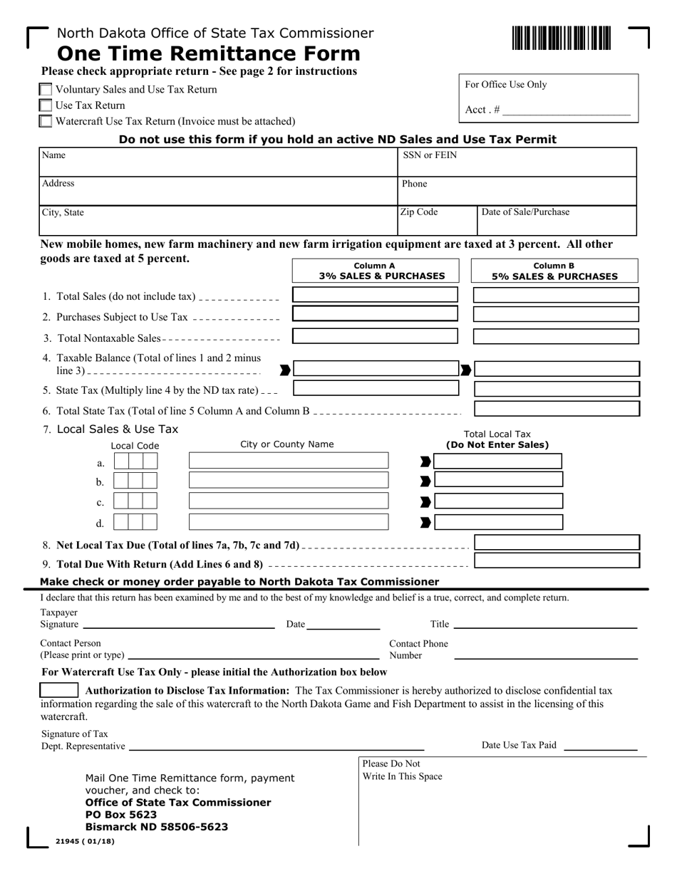 Form 21945 One Time Remittance Form - North Dakota, Page 1