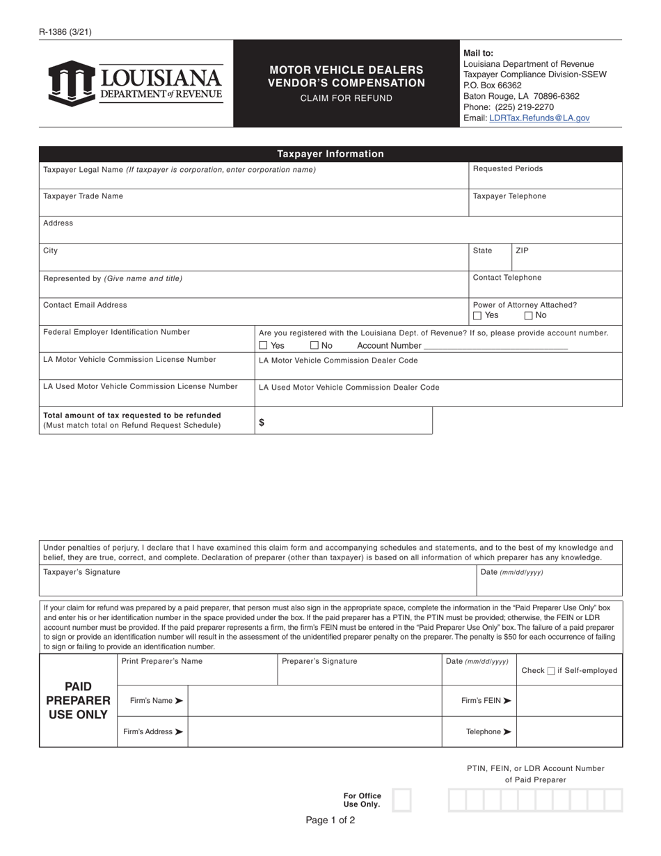 Form R-1386 Motor Vehicle Dealers Vendors Compensation Claim for Refund - Louisiana, Page 1