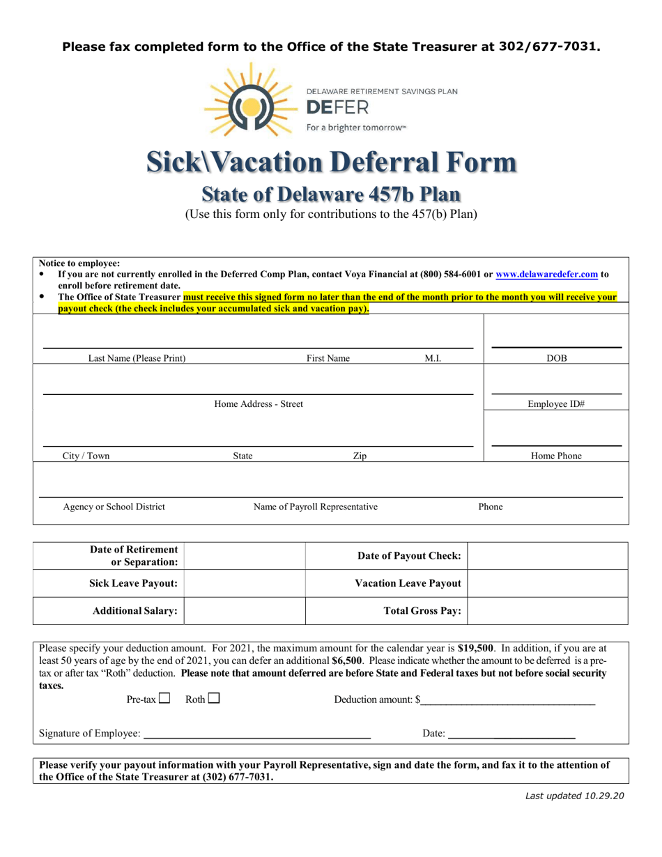 Sick and Vacation Deferral Form 457b - Delaware, Page 1