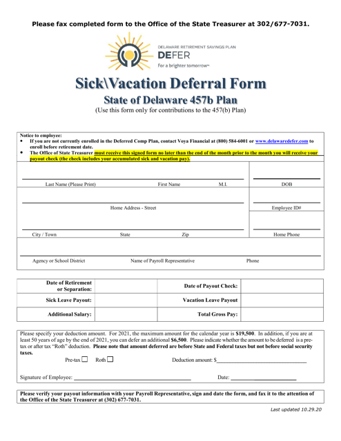 Document preview: Sick and Vacation Deferral Form 457b - Delaware