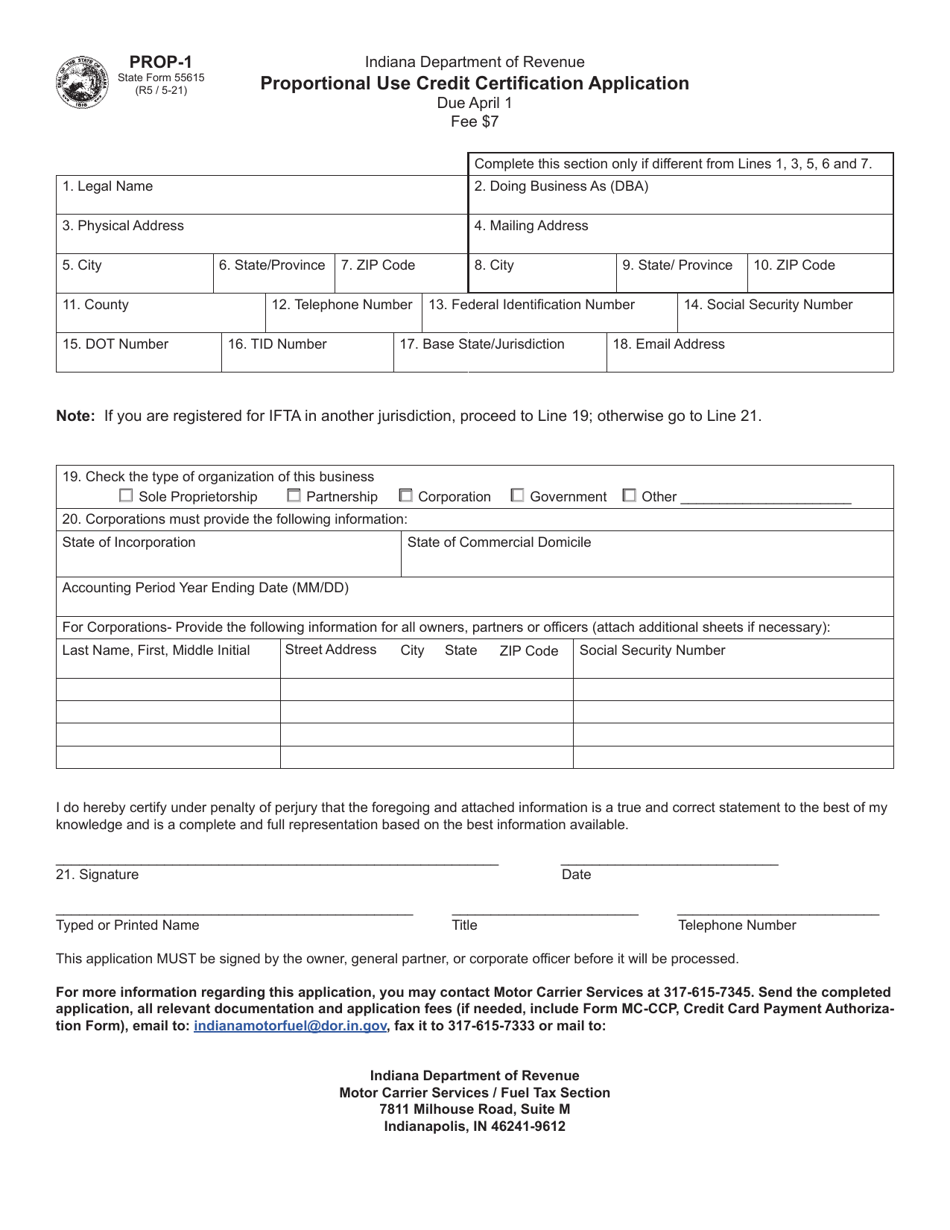 Form PROP-1 (State Form 55615) Proportional Use Credit Certification Application - Indiana, Page 1