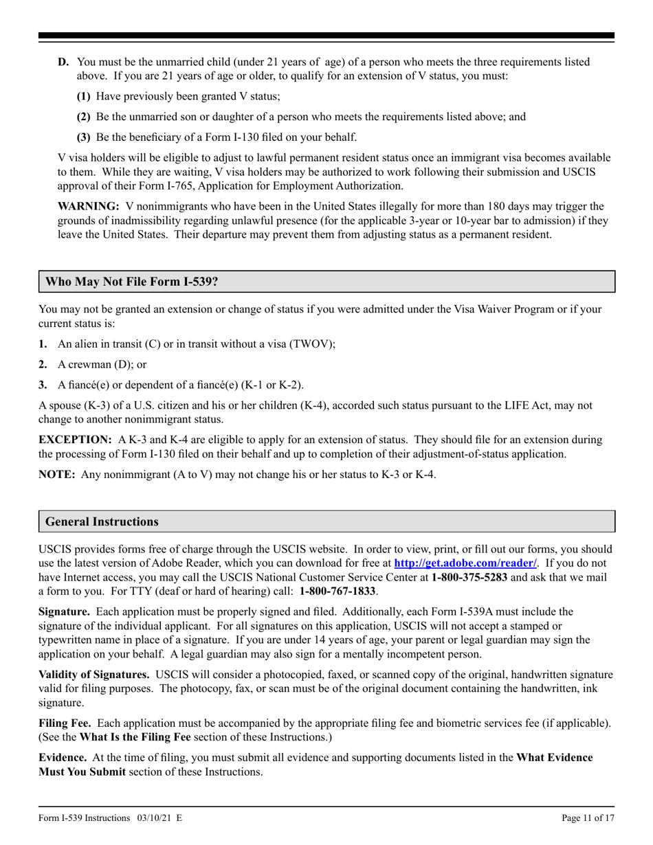 Instructions for USCIS Form I-539 Application to Extend / Change Nonimmigrant Status, Page 11