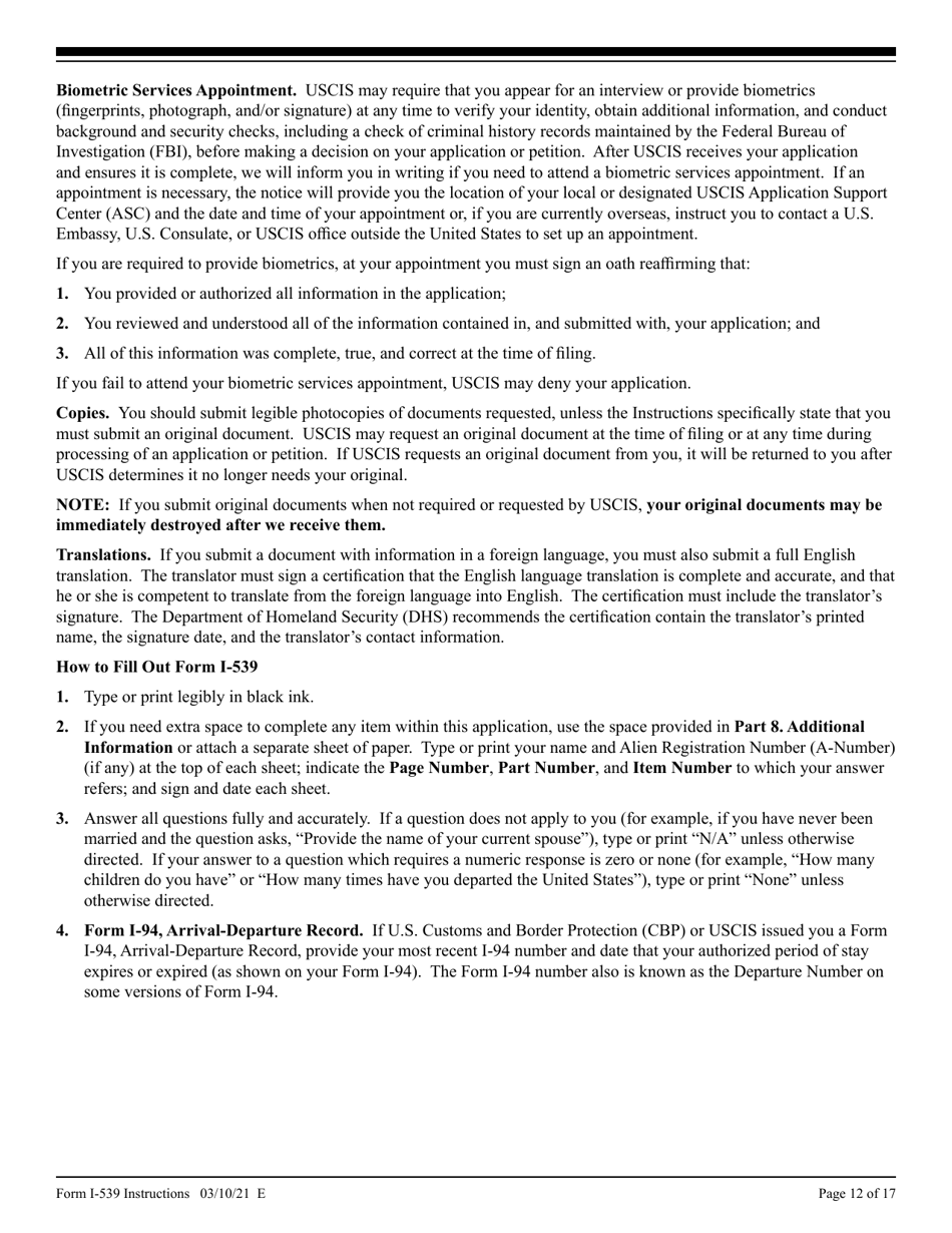 Instructions for USCIS Form I-539 Application to Extend / Change Nonimmigrant Status, Page 12