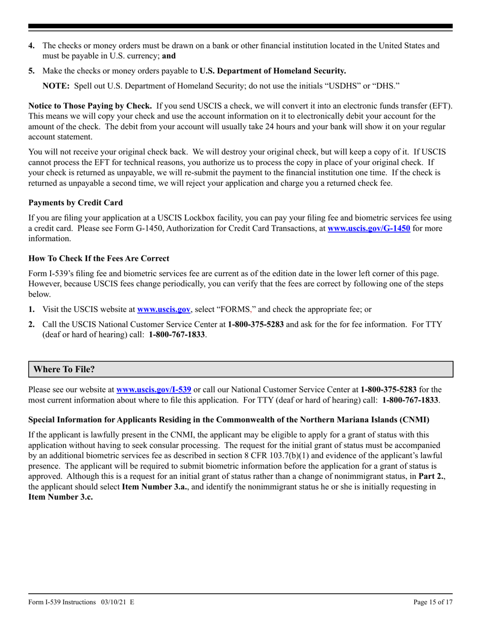 Instructions for USCIS Form I-539 Application to Extend / Change Nonimmigrant Status, Page 15