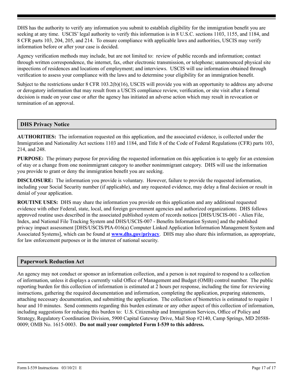 Instructions for USCIS Form I-539 Application to Extend / Change Nonimmigrant Status, Page 17