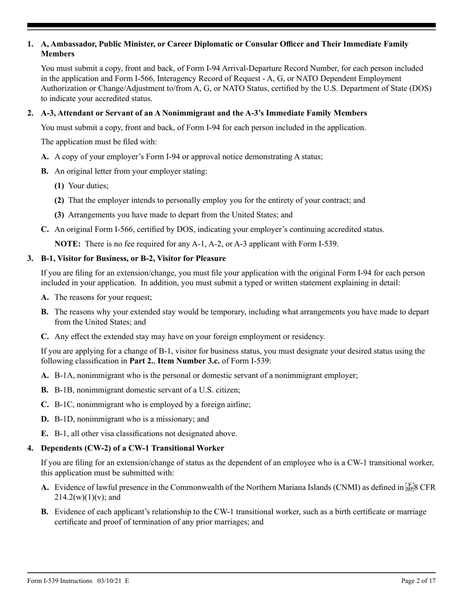 Instructions for USCIS Form I-539 Application to Extend / Change Nonimmigrant Status, Page 2