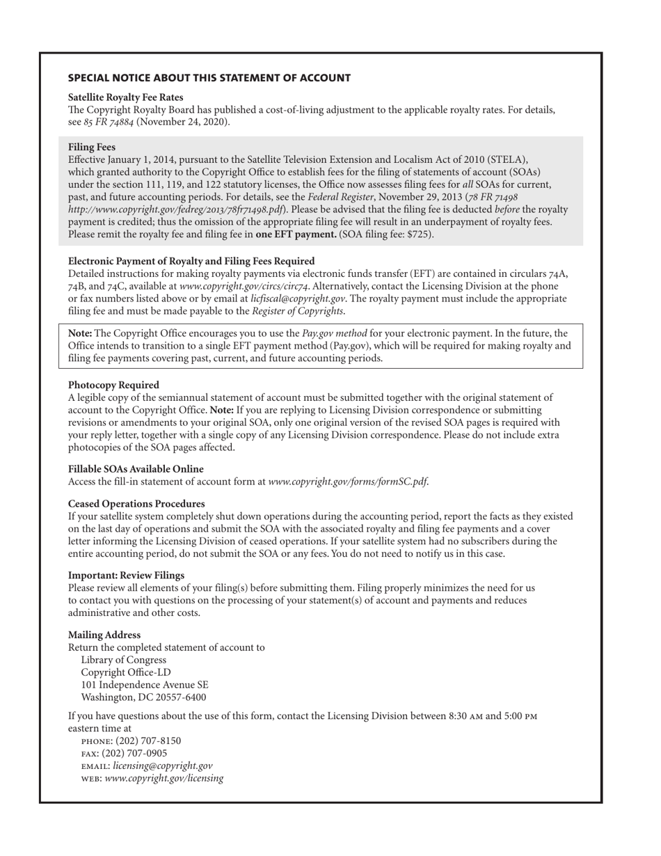 Form SC Statement of Account for Secondary Transmissions by Satellite Carriers of Distant Television Signals, Page 1