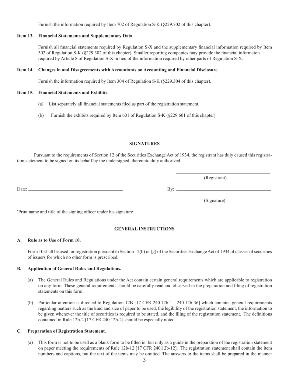 SEC Form 1396 (10) General Form for Registration of Securities Pursuant to Section 12(B) or (G), Page 3