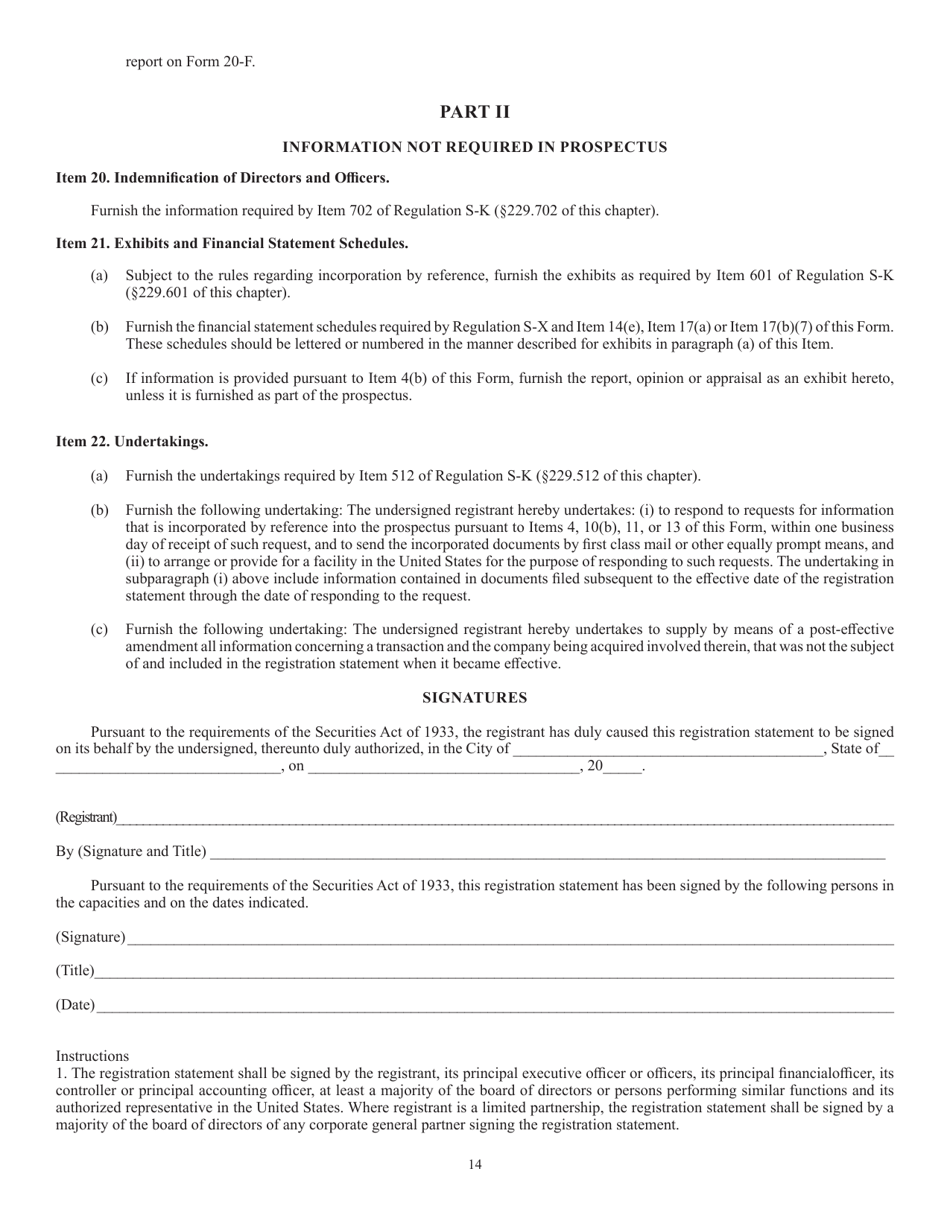 SEC Form 2078 (F-4) Registration Statement for Securities of Certain Foreign Private Issuers Issued in Certain Business Combination Transactions, Page 14