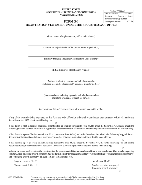 SEC Form 870 (S-1)  Printable Pdf
