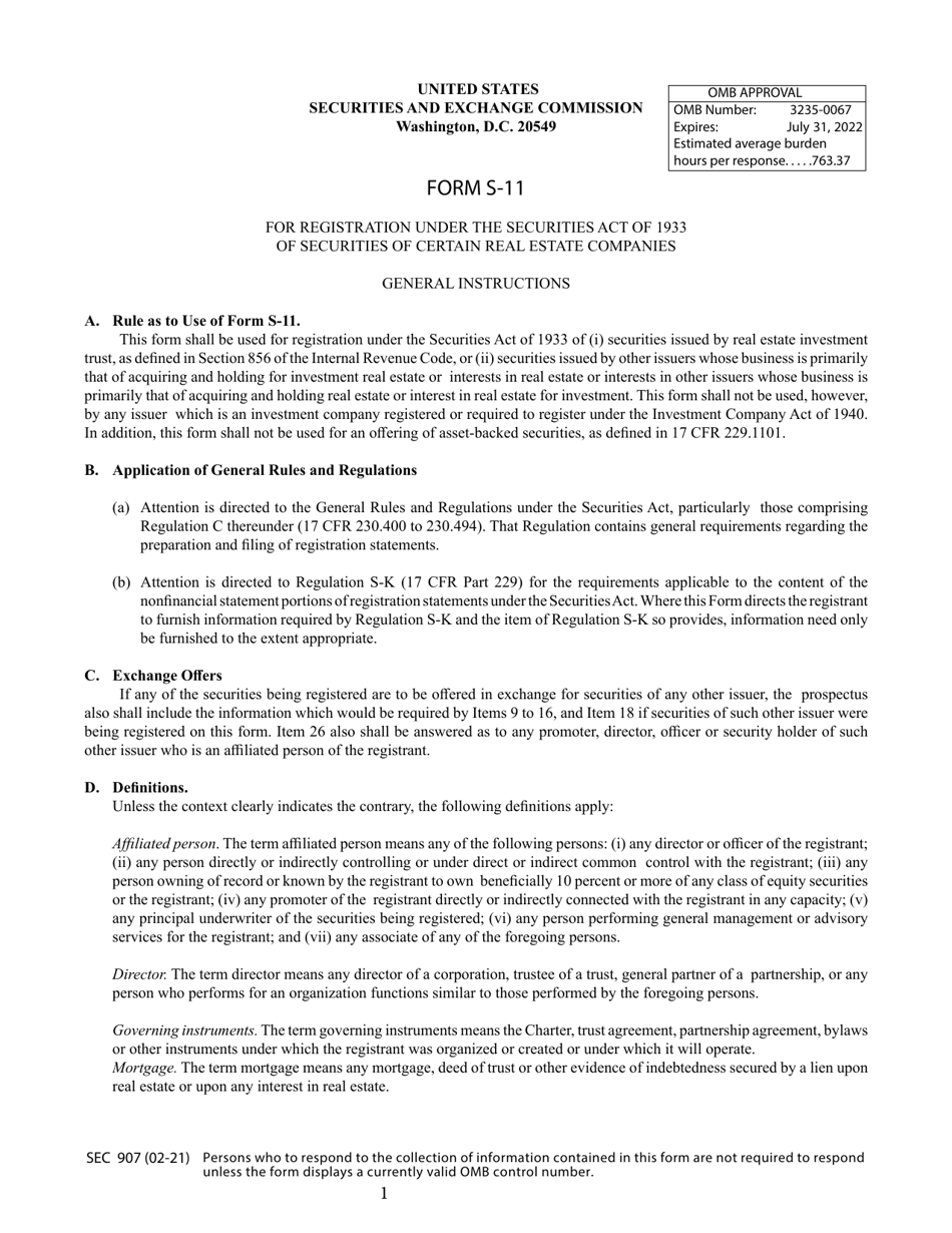 SEC Form 907 (S-11) Registration of Securities of Certain Real Estate Companies, Page 1
