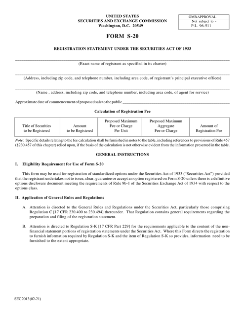 SEC Form 2013 (S-20)  Printable Pdf