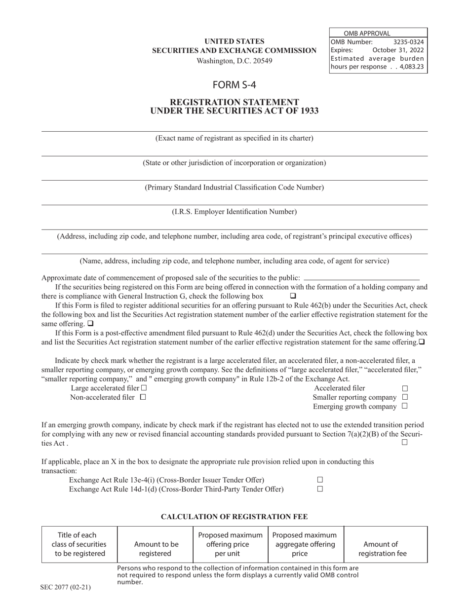 SEC Form 2077 (S-4) Registration Statement Under the Securities Act of 1933, Page 1