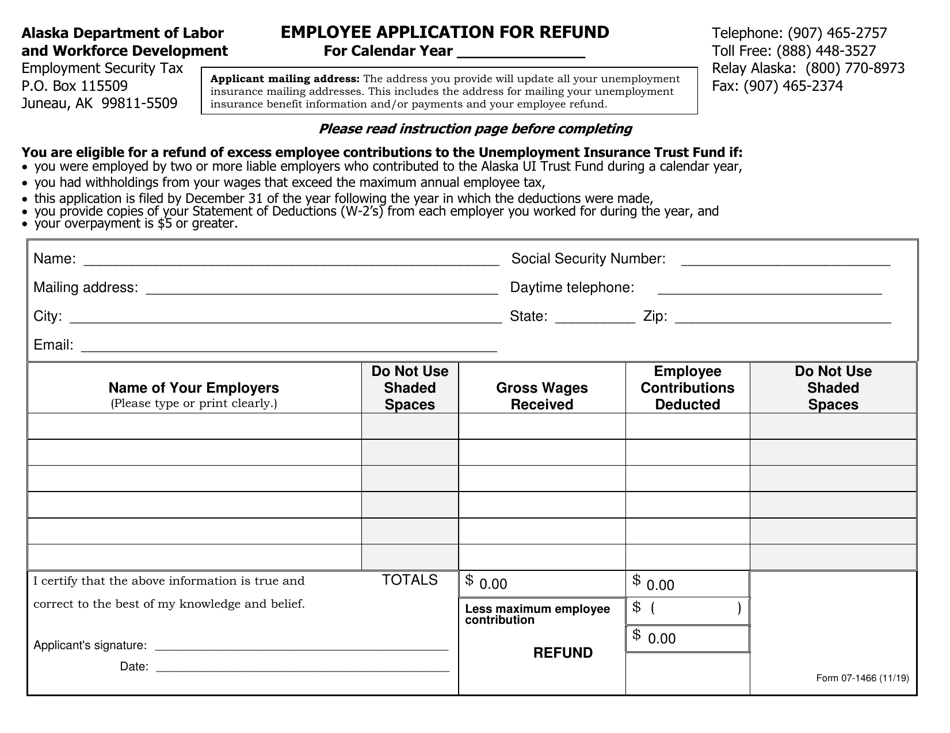 Form 07-1466 Employee Application for Refund - Alaska, Page 1