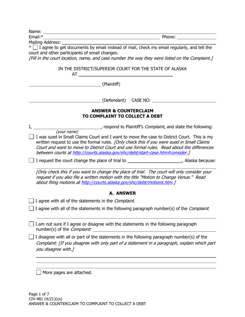 Form CIV-481 Answer & Counterclaim to Complaint to Collect a Debt - Alaska