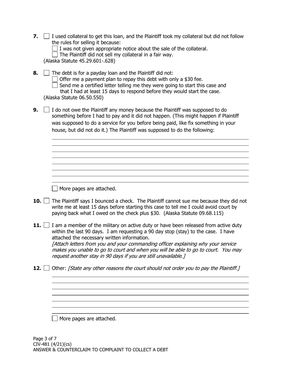 Form CIV-481 Answer  Counterclaim to Complaint to Collect a Debt - Alaska, Page 3