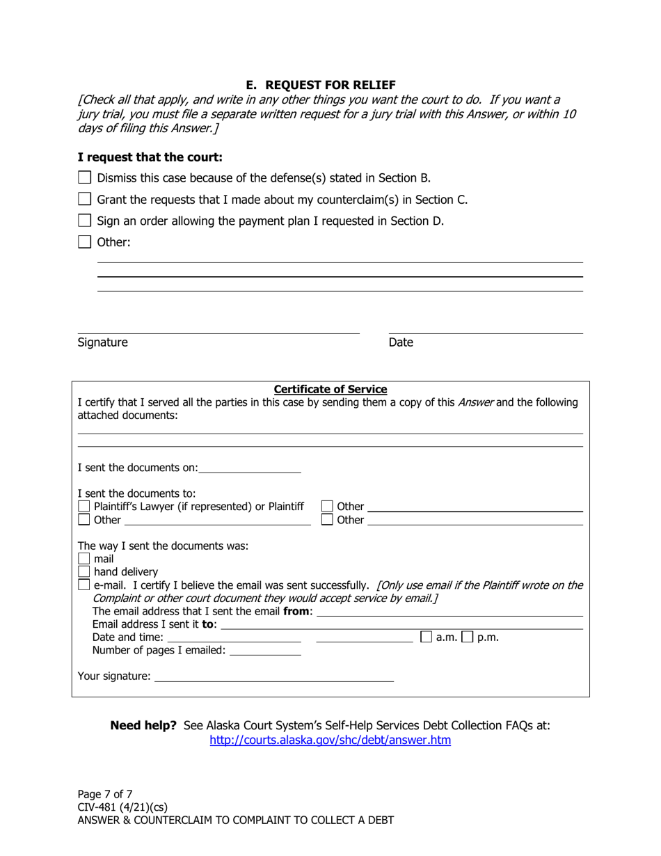 Form CIV-481 Answer  Counterclaim to Complaint to Collect a Debt - Alaska, Page 7