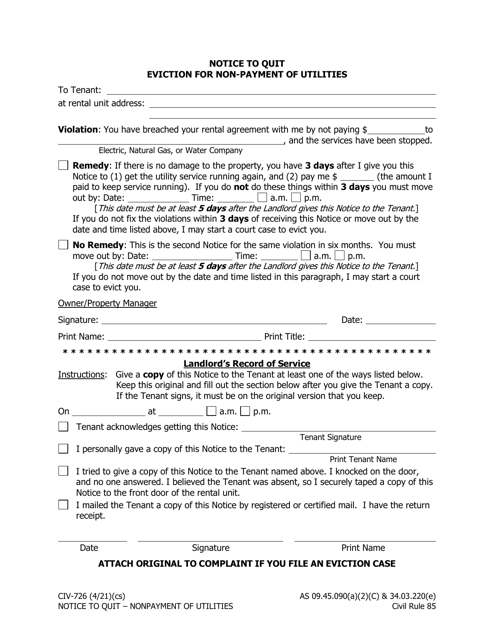 Form CIV-726 Notice to Quit Eviction for Non-payment of Utilities - Alaska
