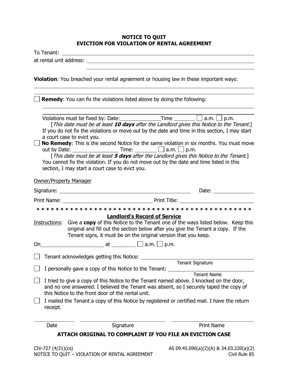 Form CIV-727 Notice to Quit Eviction for Violation of Rental Agreement - Alaska, Page 1