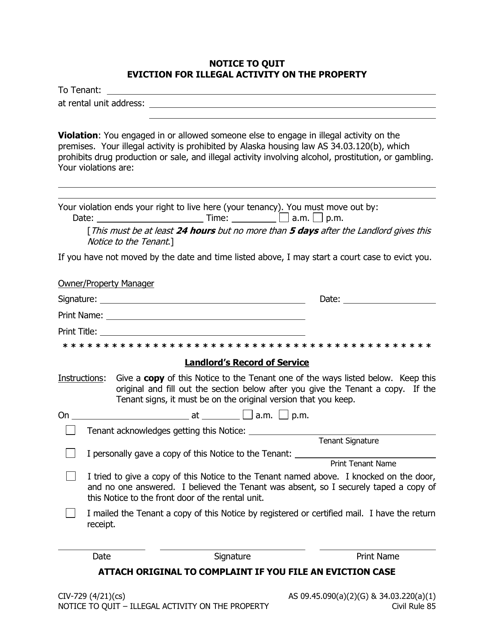Form CIV-729 Notice to Quit Eviction for Illegal Activity on the Property - Alaska