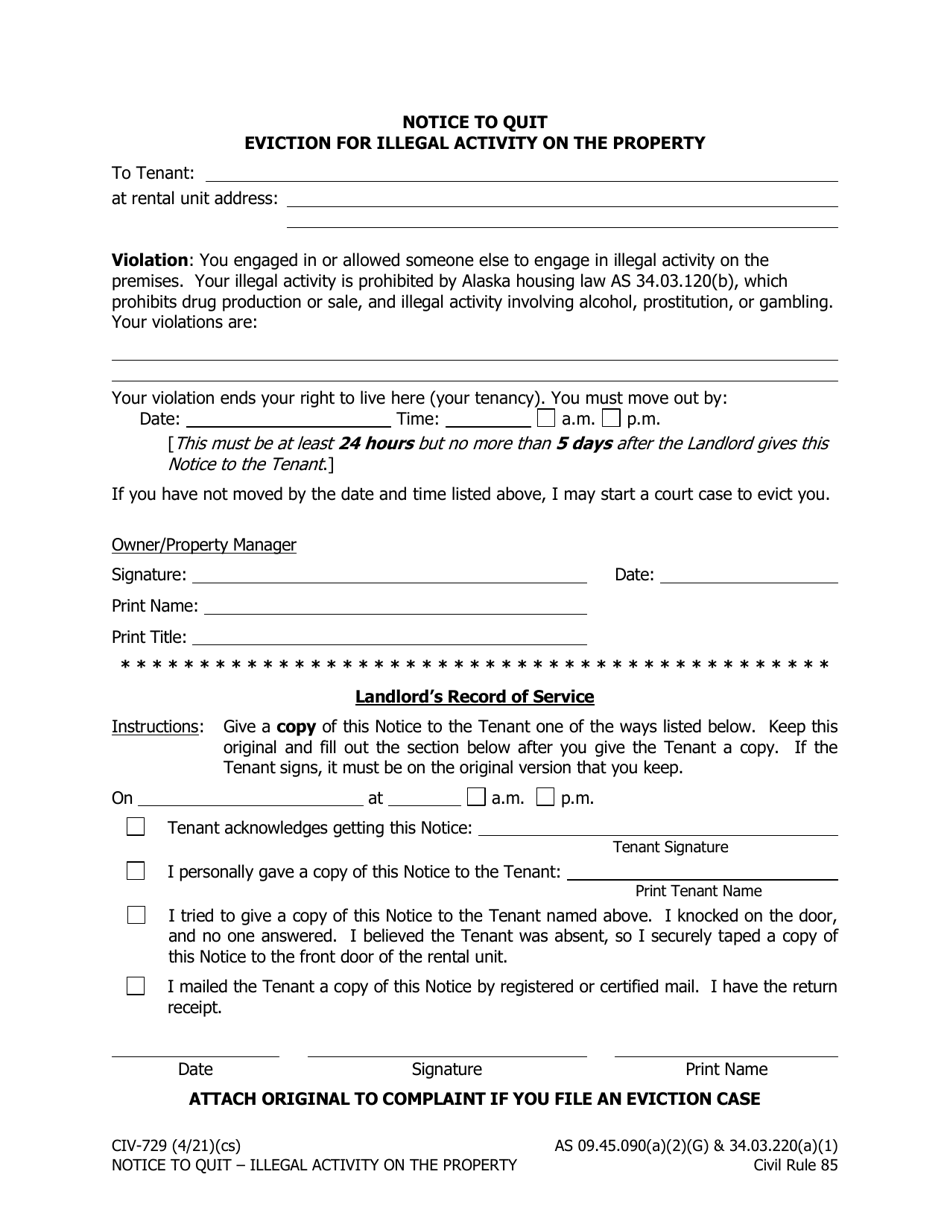 Form CIV-729 Notice to Quit Eviction for Illegal Activity on the Property - Alaska, Page 1