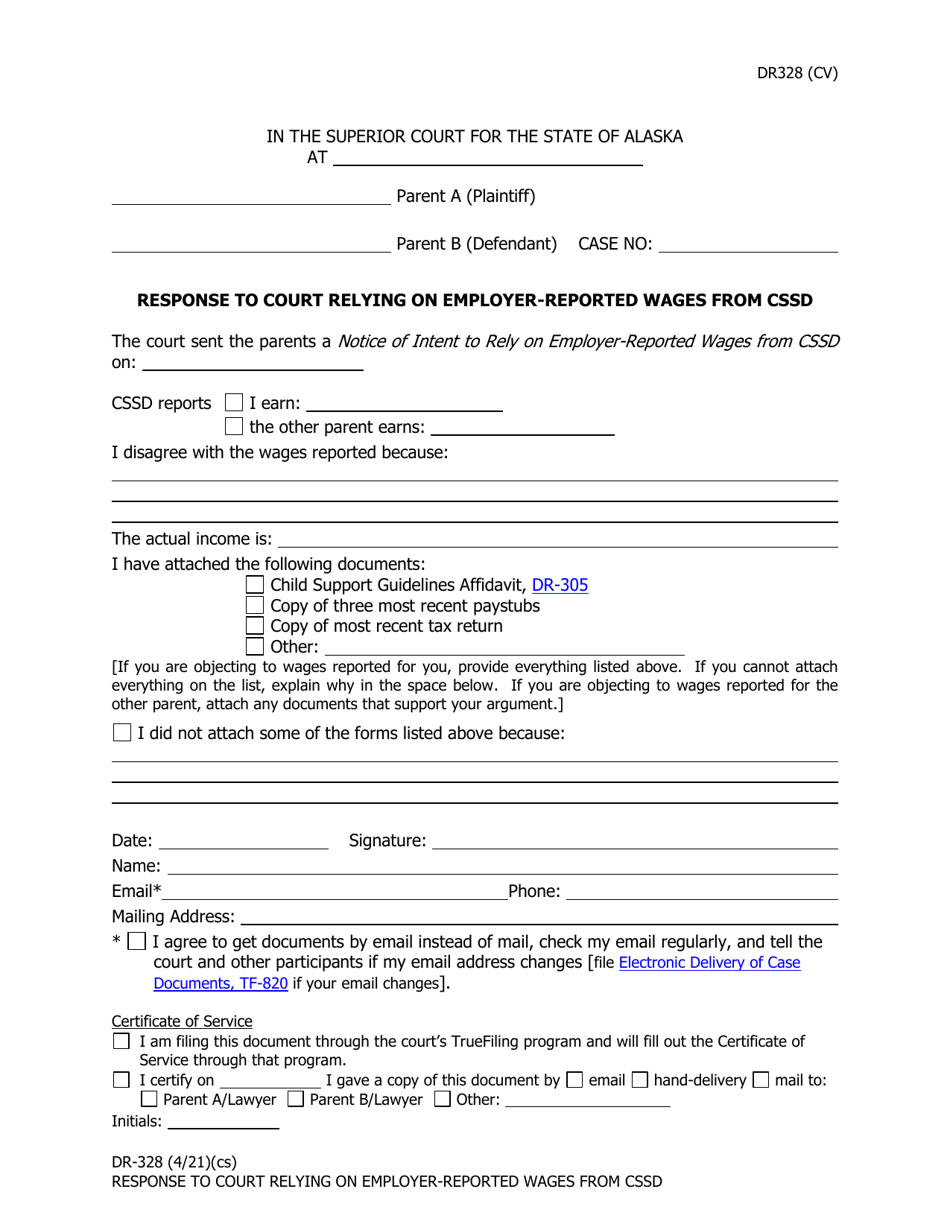 Form DR-328 Response to Court Relying on Employer-Reported Wages From Cssd - Alaska, Page 1